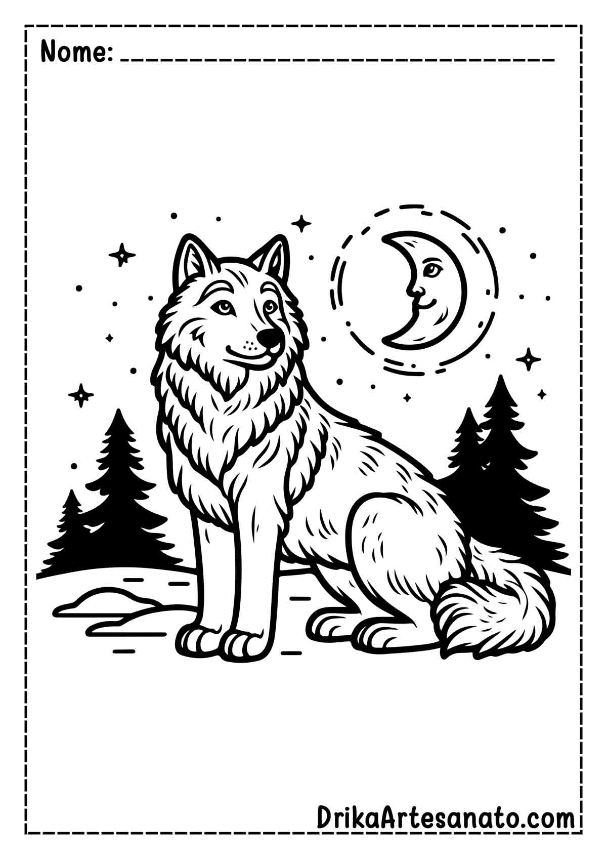 Desenho de Lobo com Lua para Imprimir