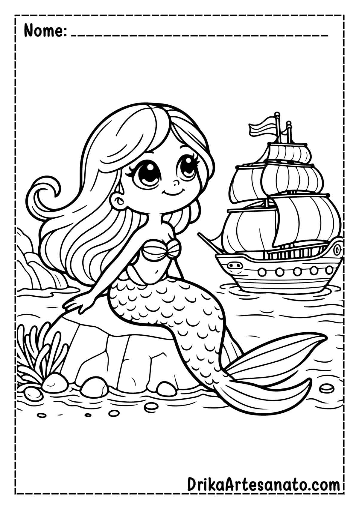 Desenho de Sereia Infantil para Colorir e Imprimir