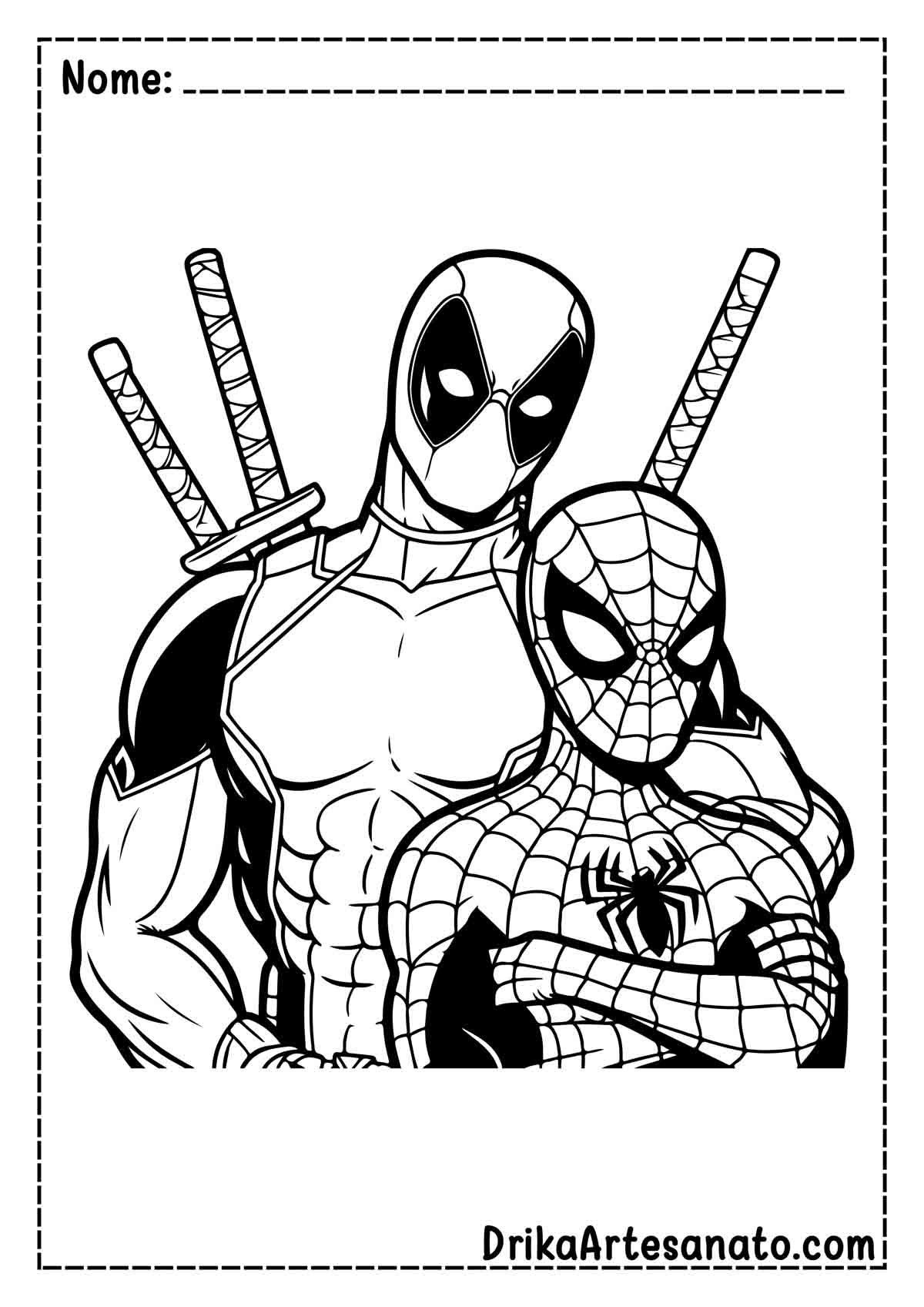 Desenho do Deadpool com Homem-aranha para Colorir