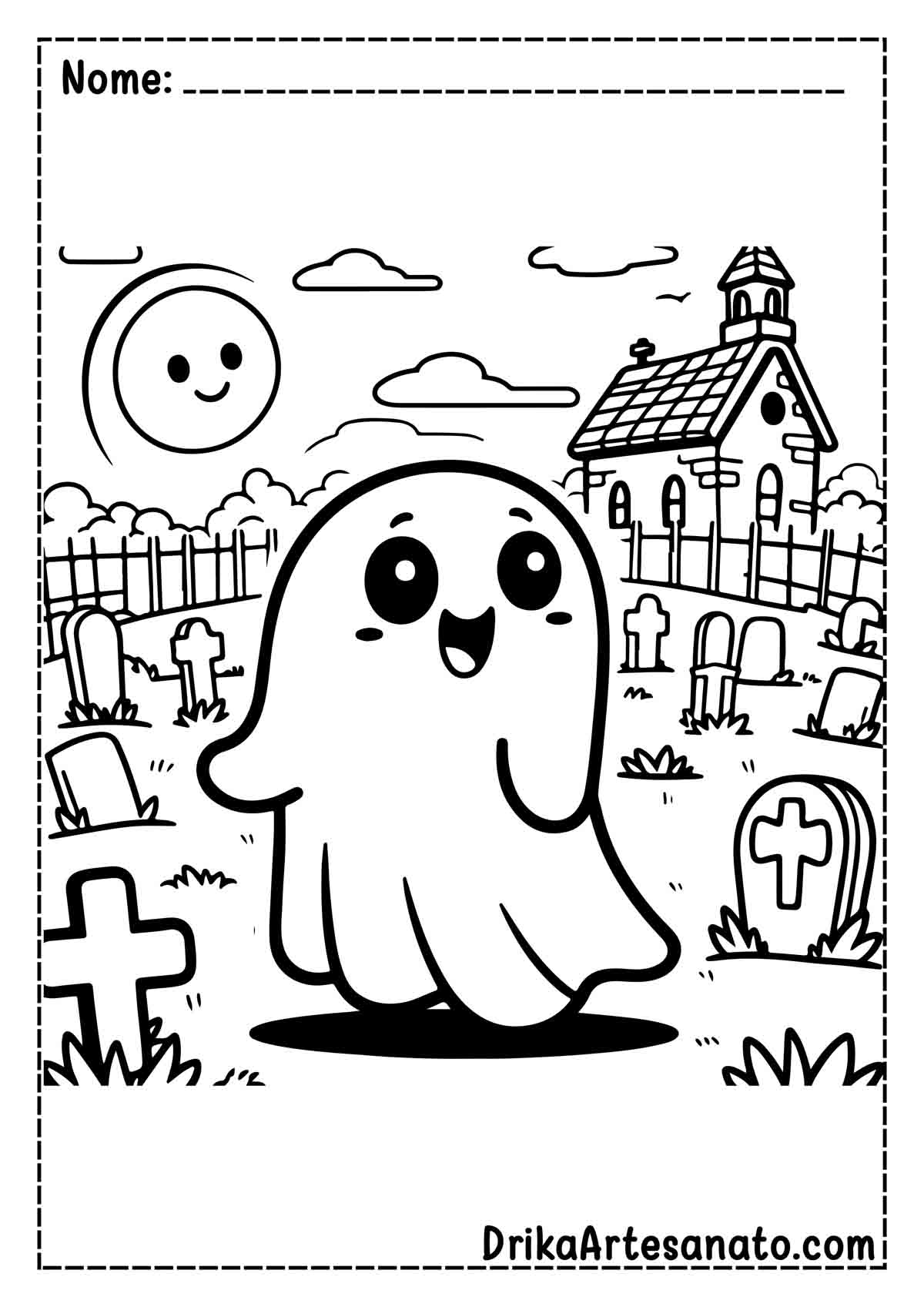 Desenho de Fantasma no Cemitério para Colorir