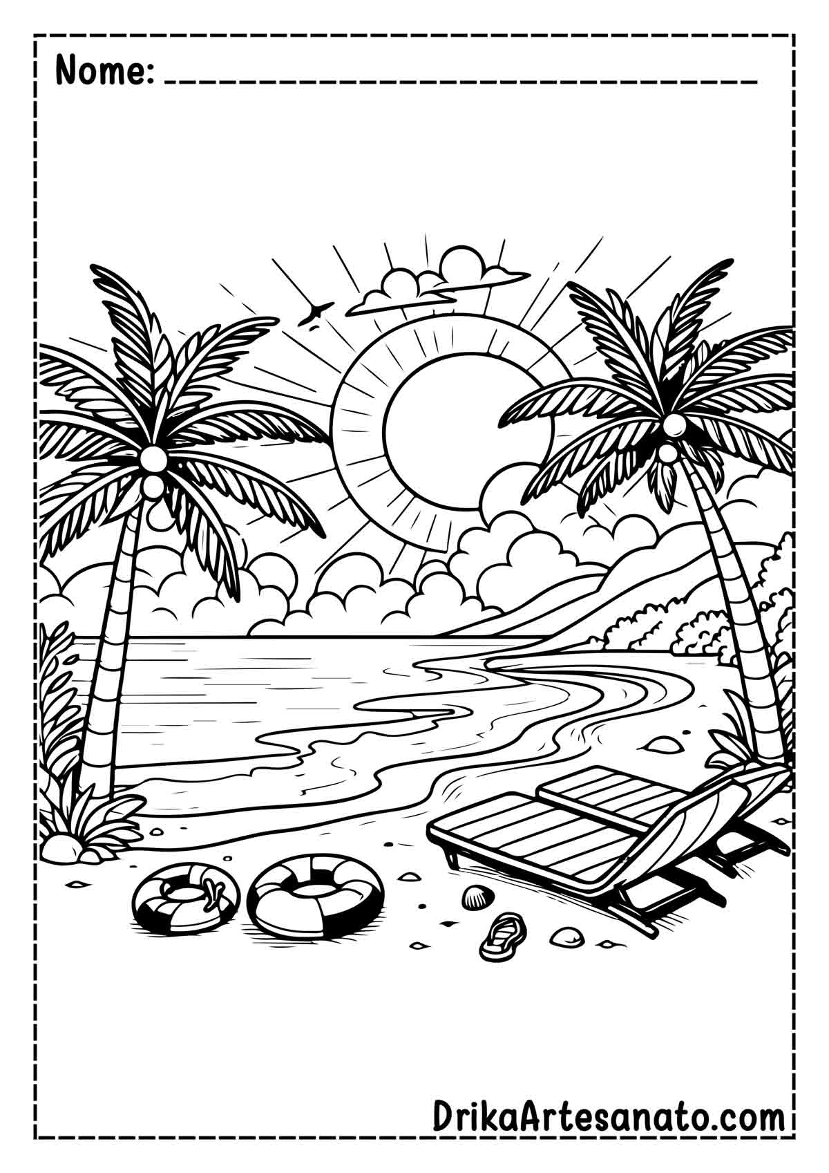 Desenho de Praia com Coqueiro para Imprimir