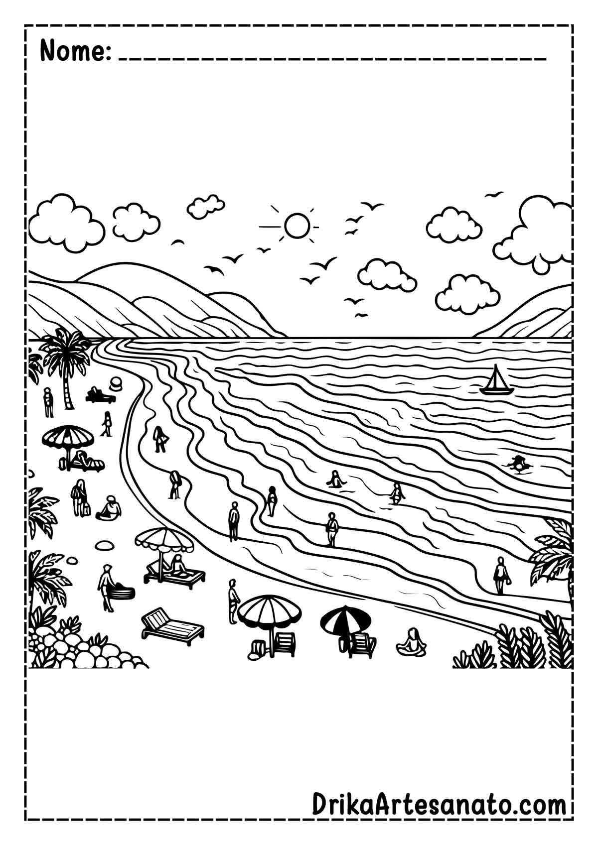 Desenho de Praia com Pessoas para Colorir