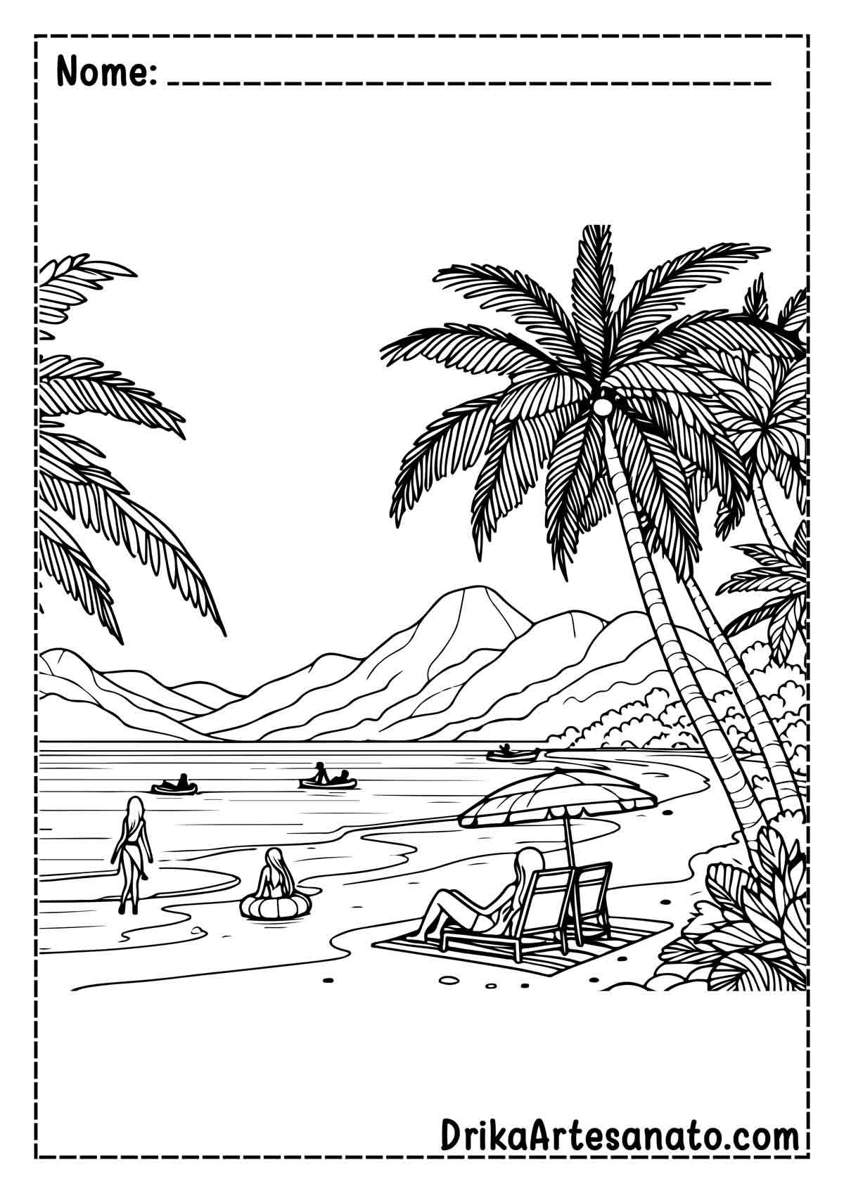 Desenho de Praia com Pessoas para Pintar