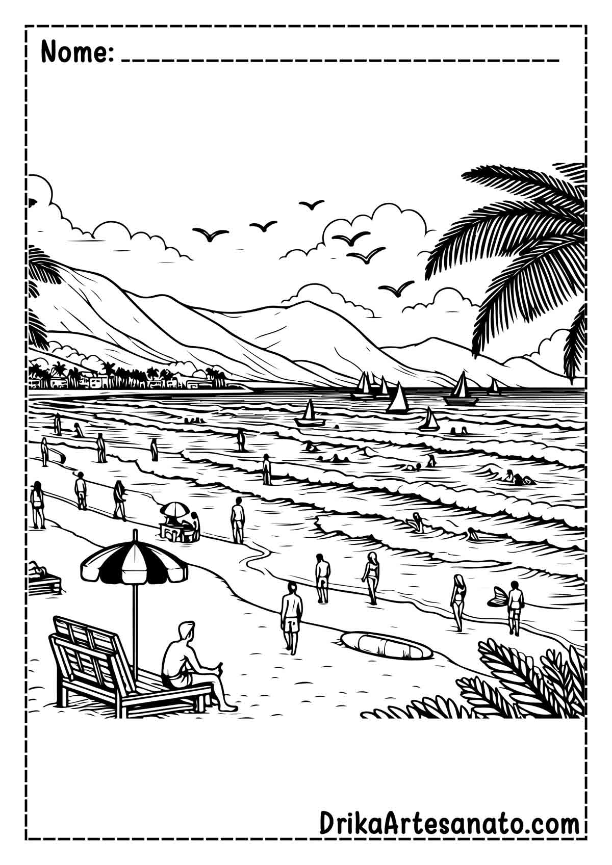 Desenho de Praia com Pessoas para Colorir e Imprimir