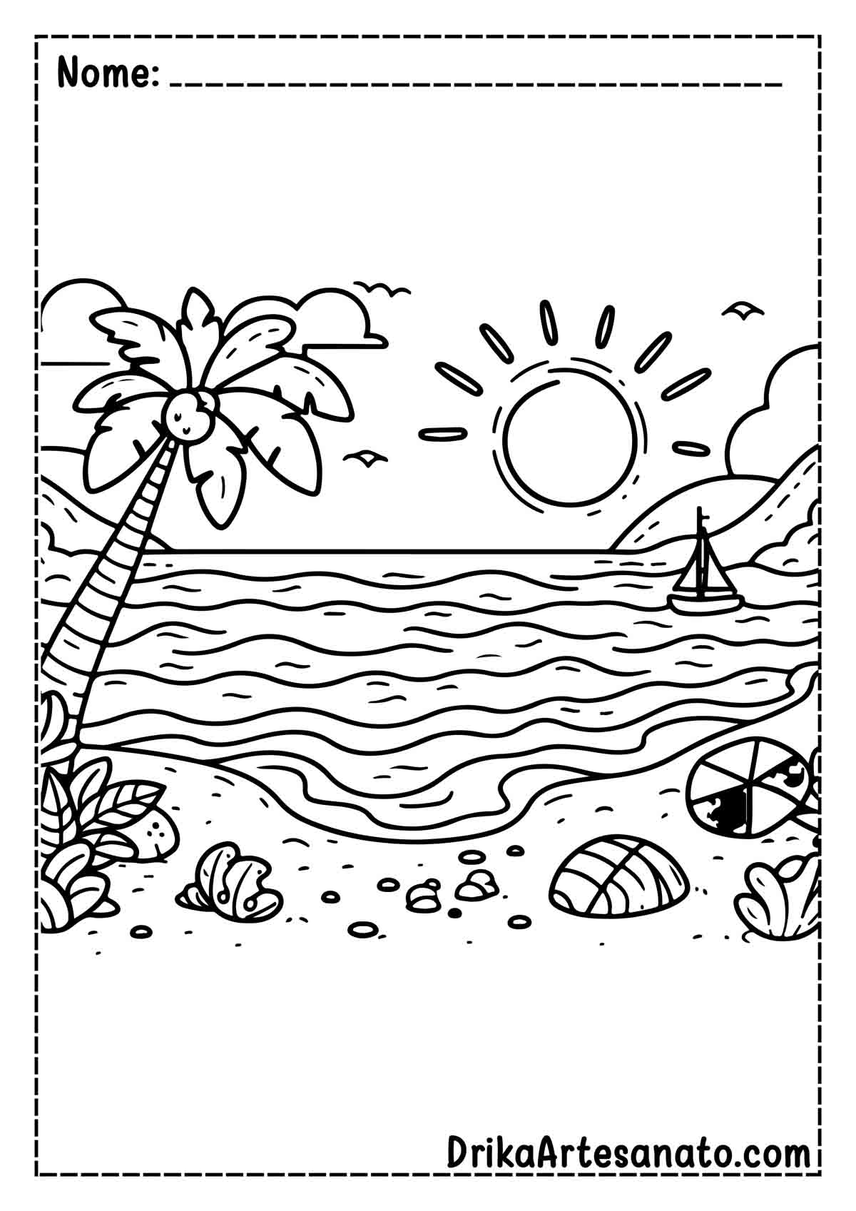 Desenho de Praia com Coqueiro para Imprimir