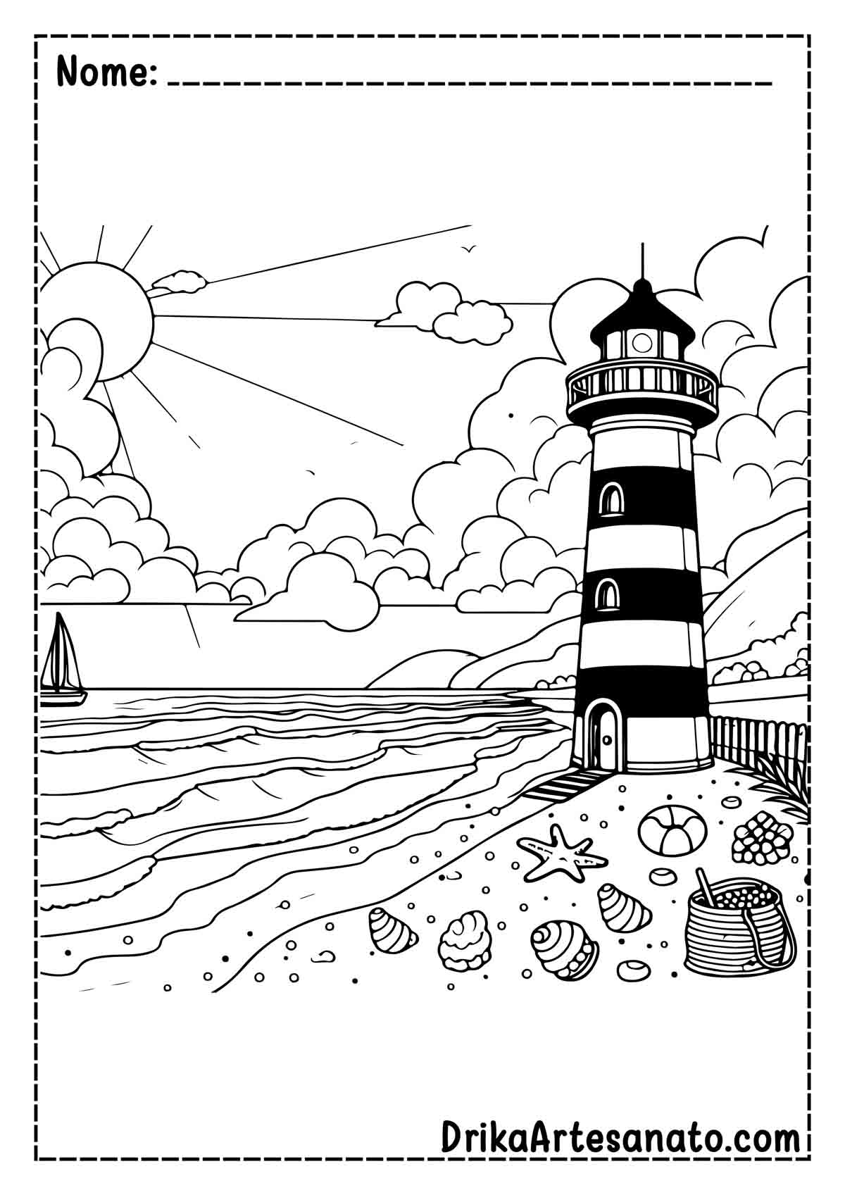 Desenho de Praia com Farol para Colorir