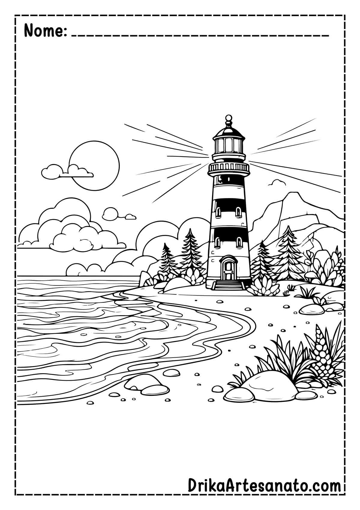 Desenho de Praia com Farol para Pintar