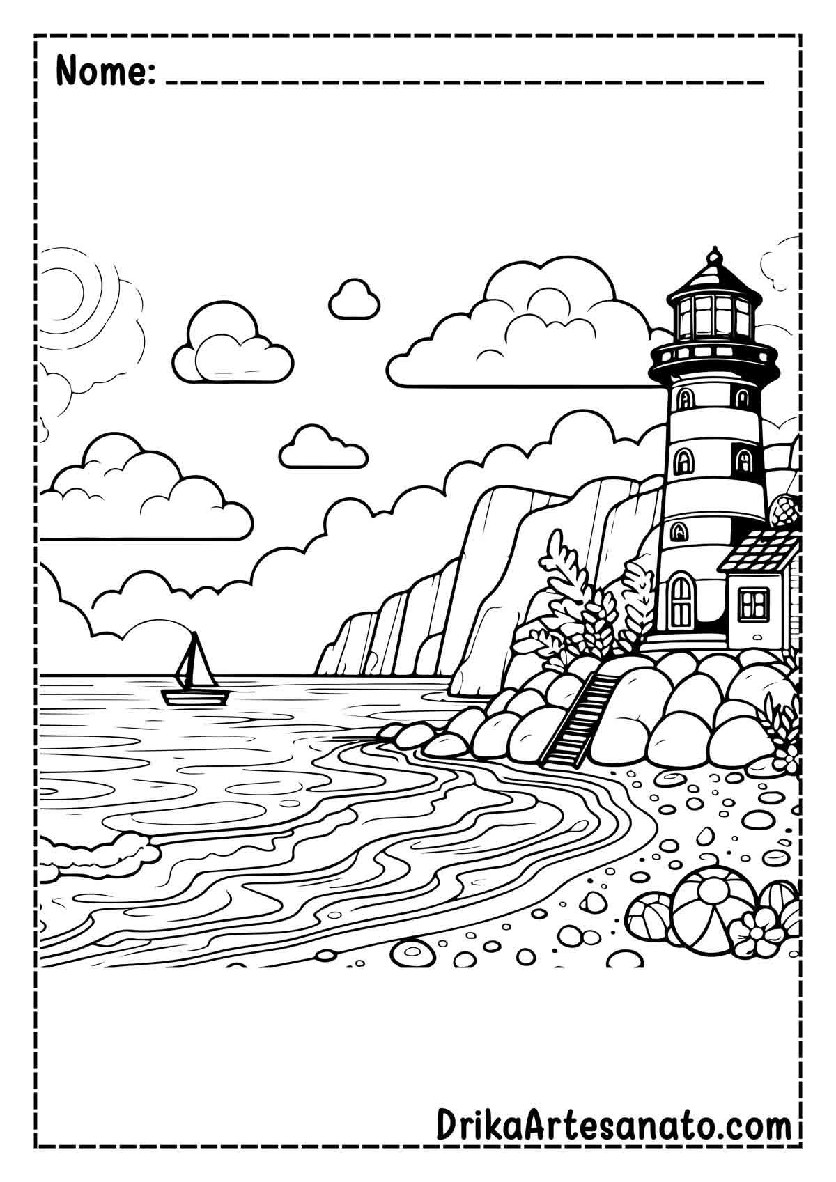 Desenho de Praia com Farol para Imprimir