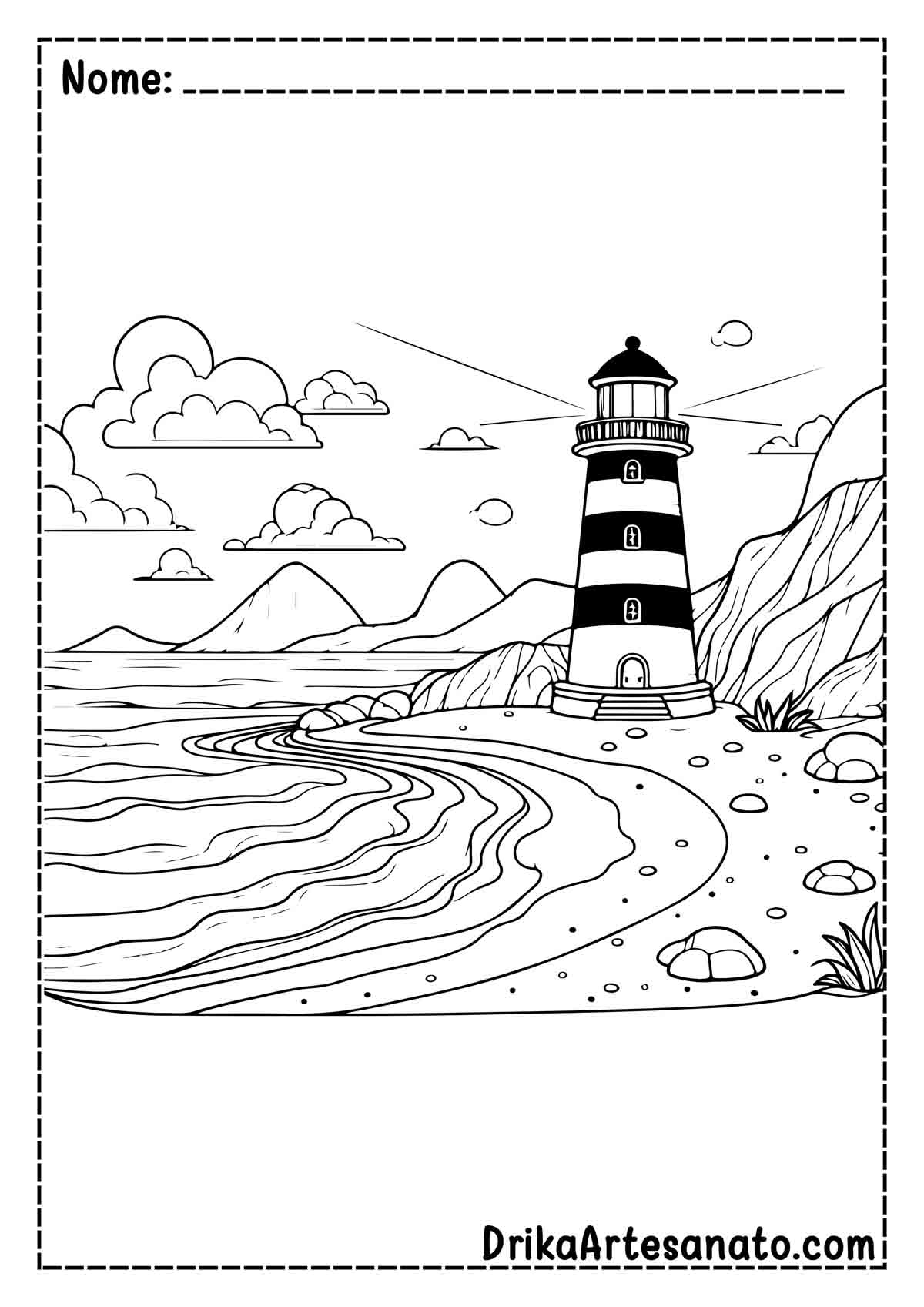 Desenho de Praia com Farol para Colorir e Imprimir