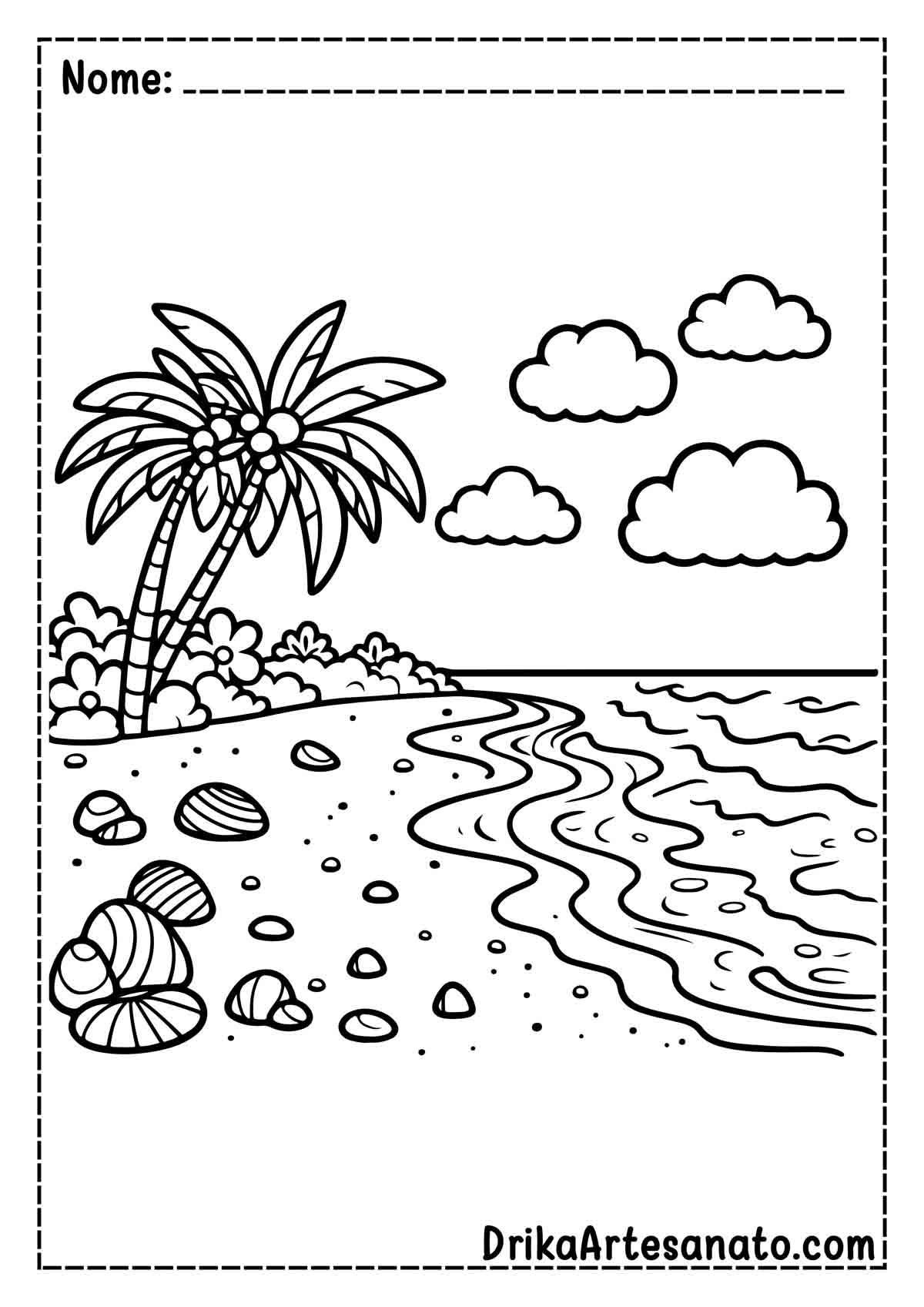 Desenho de Praia cm Coqueiro para Colorir