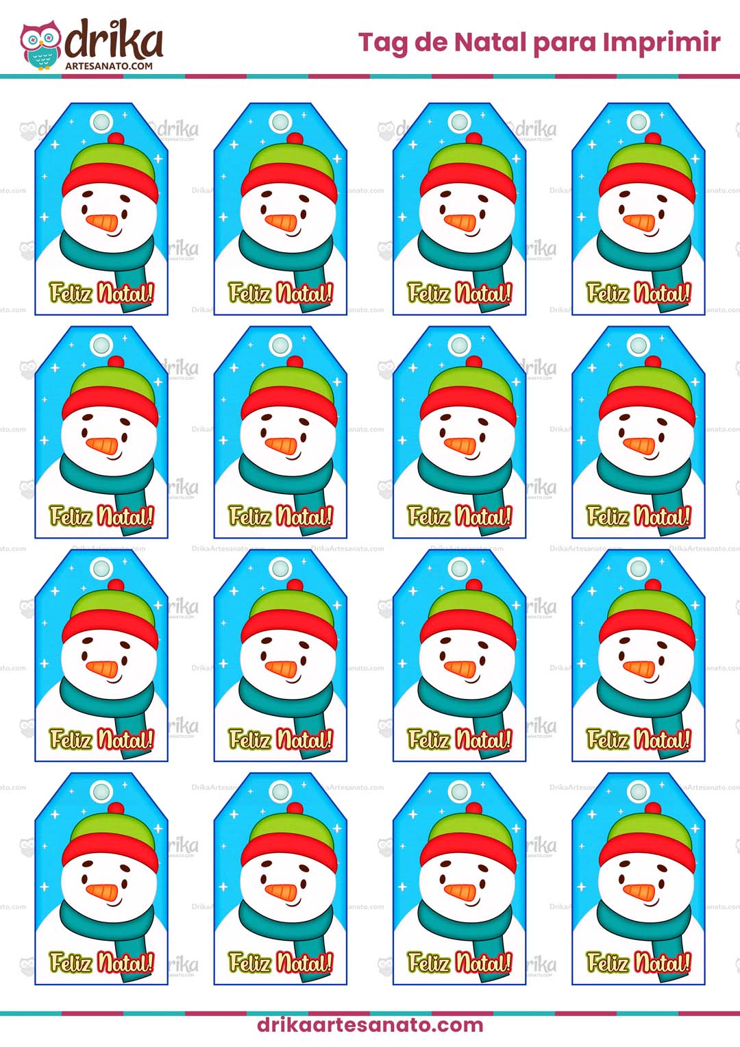 Tag Feliz Natal para Imprimir com Boneco de Neve