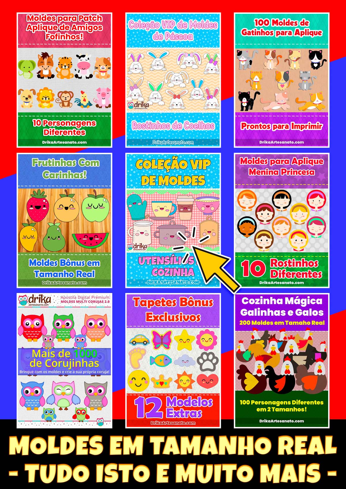 Diversos projetos e centenas de moldes exclusivos em tamanho real, prontos para imprimir e usar imediatamente!