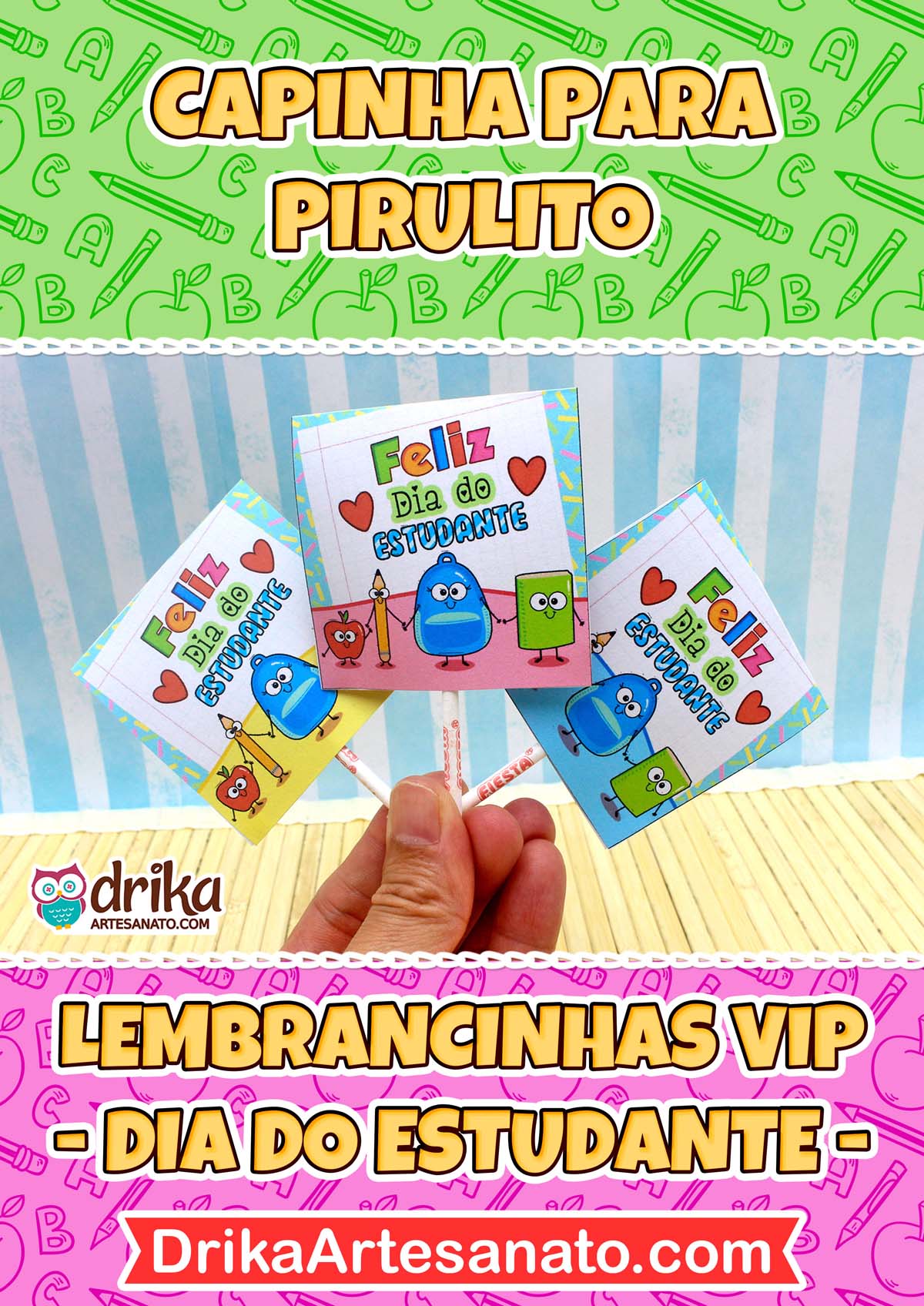 Capinhas de pirulito Dia do Estudante com personagens escolares em fundo listrado azul e branco.