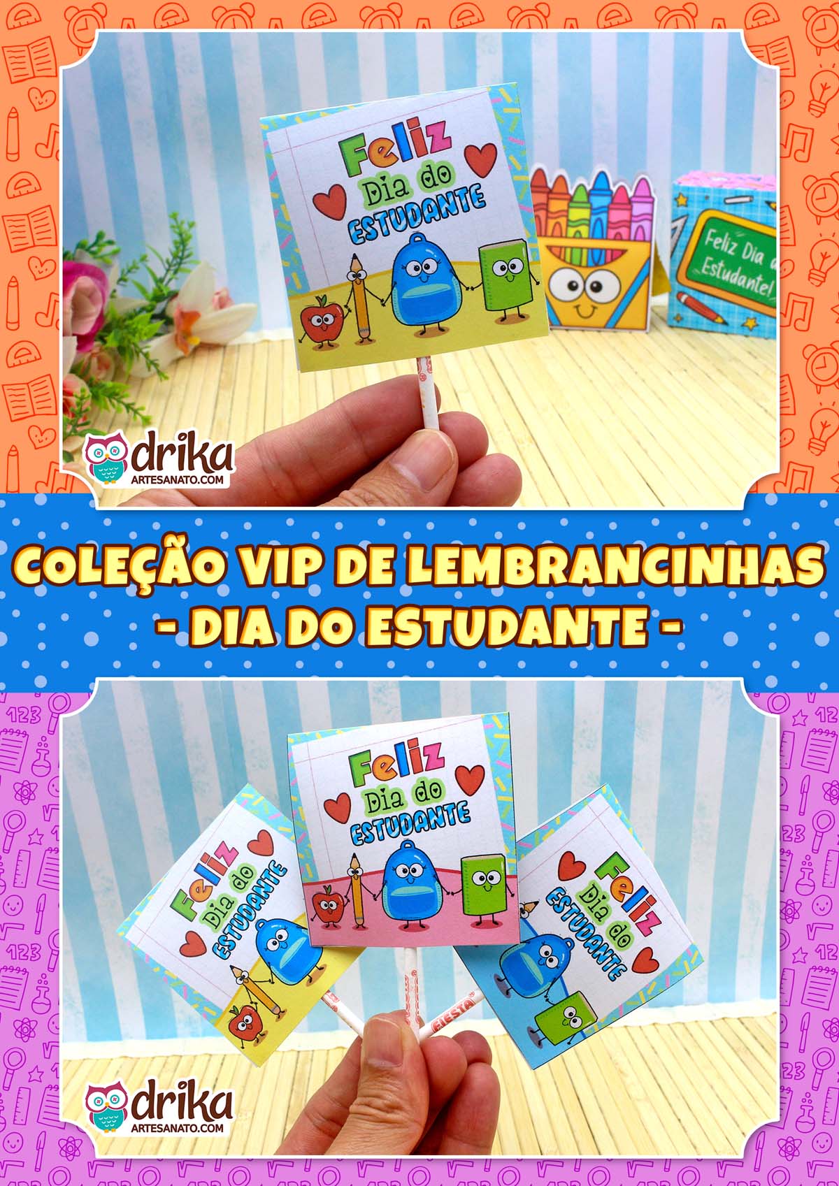 Close de mão segurando pirulito com capinha do Dia do Estudante, com outros modelos ao fundo.