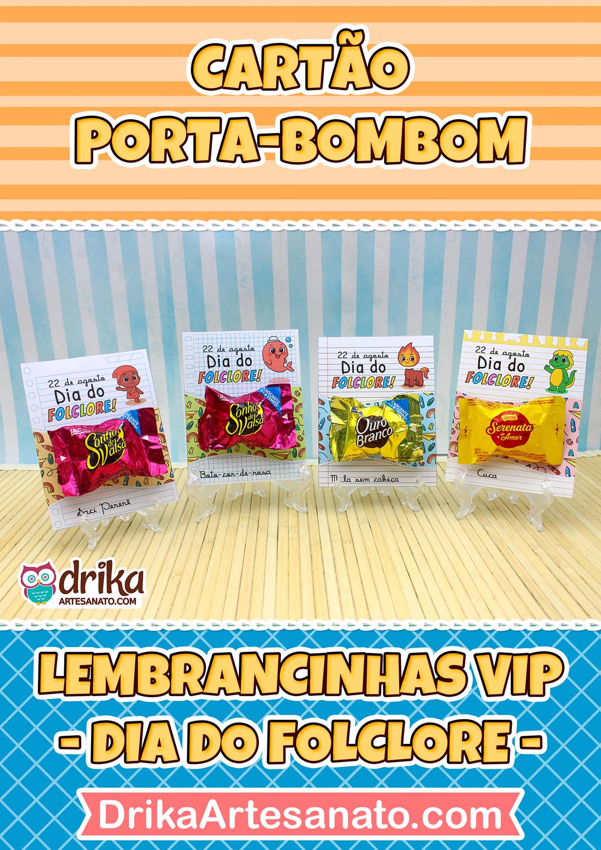 Cartões porta-bombom do Dia do Folclore com personagens e bombons em fundo azul festivo.