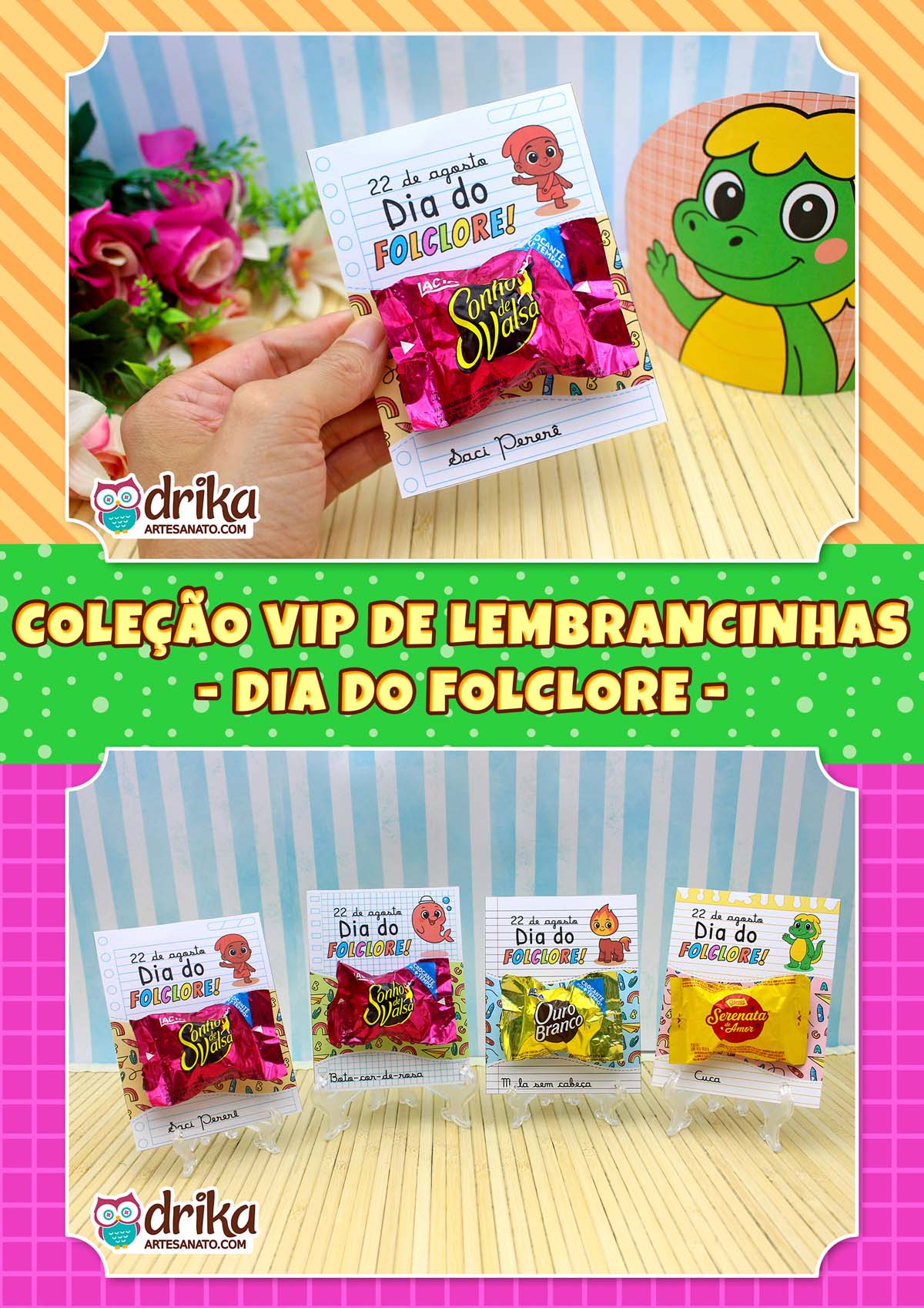 Mão segurando cartão porta-bombom do Saci Pererê com bombom Sonho de Valsa em fundo temático.