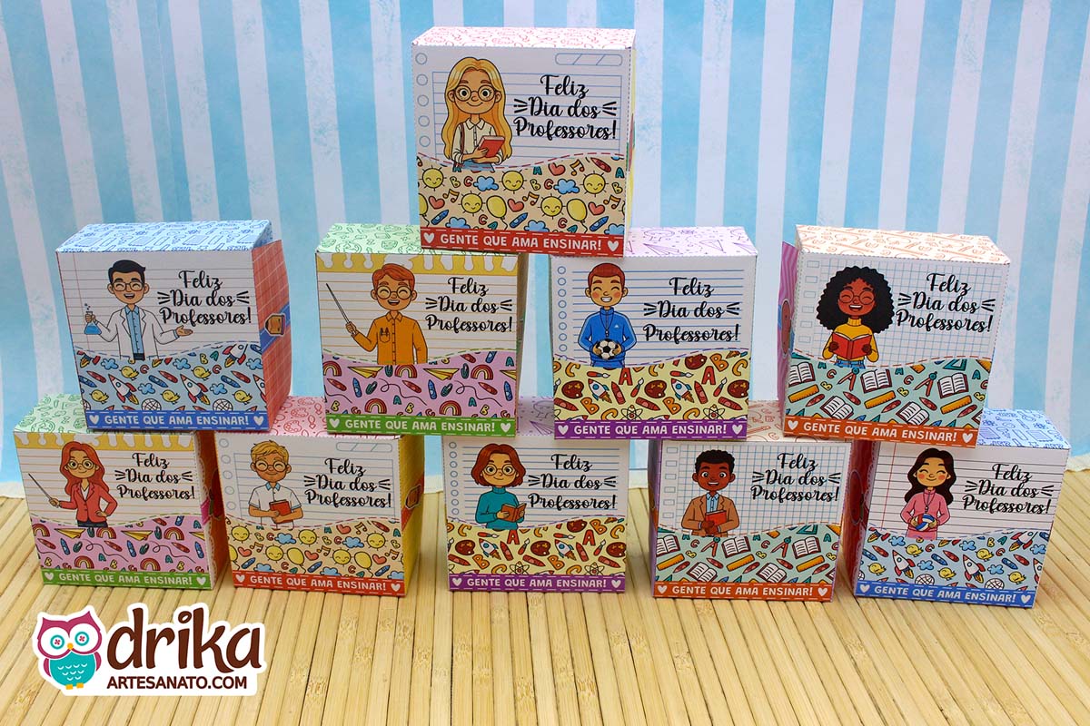 Dez caixas porta-bombom de Dia dos Professores com designs variados de professores e professoras de diferentes etnias.