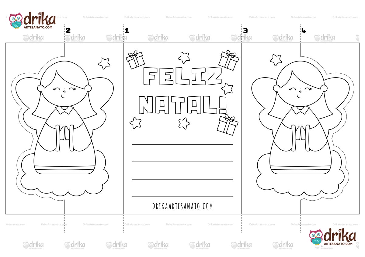 Modelo em preto e branco de cartão de Natal com anjinha para colorir e mensagem "Feliz Natal".