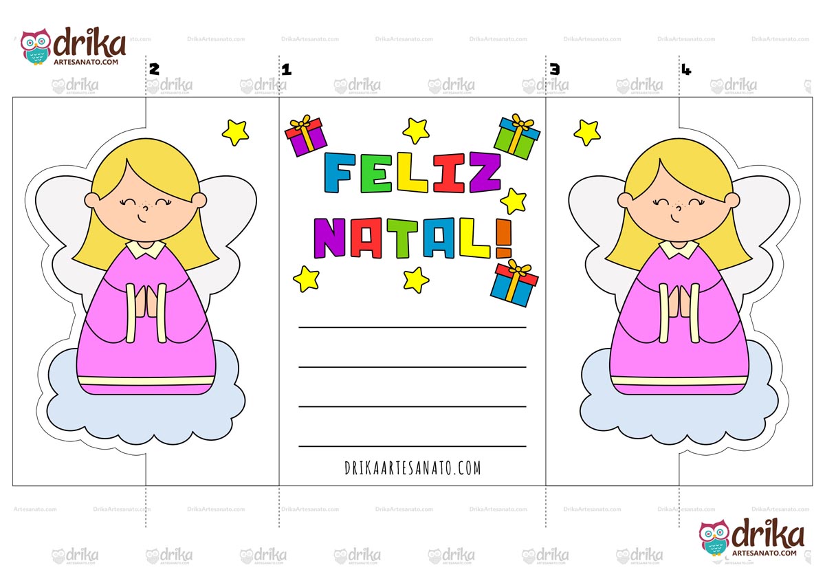 Cartão de Natal colorido com anjinha, mensagem "Feliz Natal", estrelas e presentes, pronto para usar.