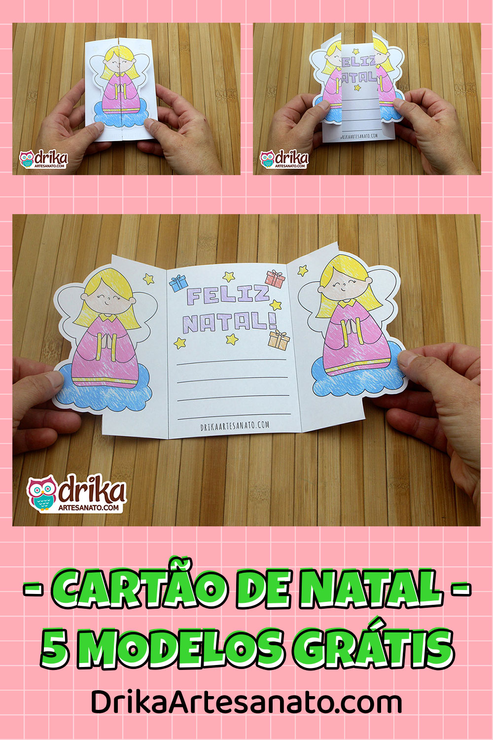 Mural com fotos mostrando etapas do cartão interativo de anjinha com mensagem de Feliz Natal e espaço para escrever