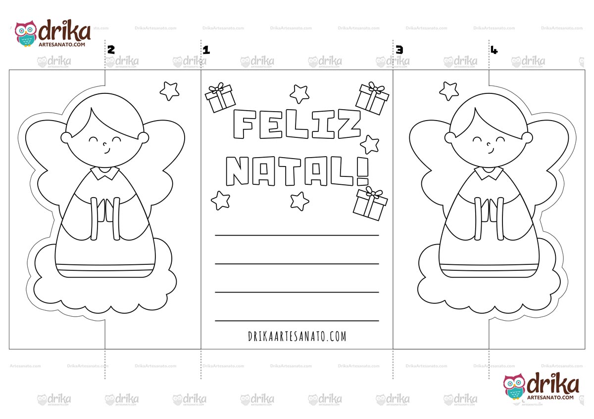 Cartão de Natal para colorir com anjo, mensagem "Feliz Natal", estrelas e presentes em preto e branco