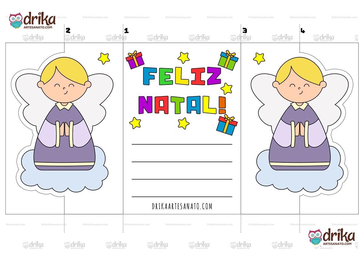 Cartão de Natal colorido com anjo, mensagem "Feliz Natal", estrelas e presentes em cores vibrantes