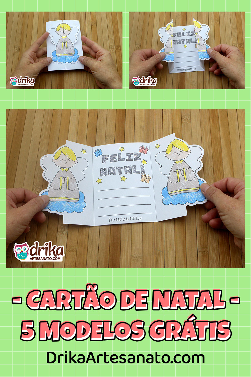 Mural com fotos mostrando etapas do cartão interativo de anjo com mensagem de Feliz Natal e espaço para escrever