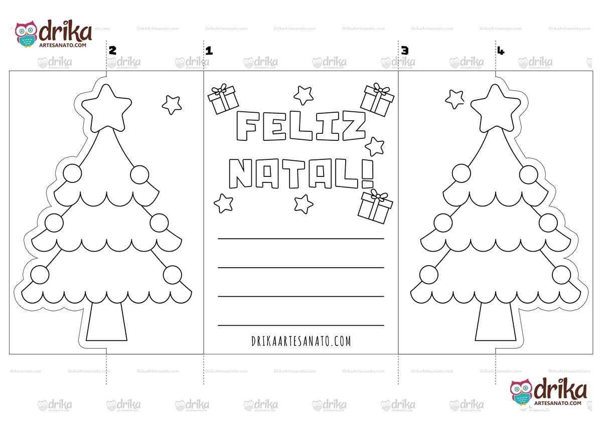 Molde em preto e branco de cartão de Natal interativo de árvore para colorir, com mensagem "Feliz Natal" e espaço para texto