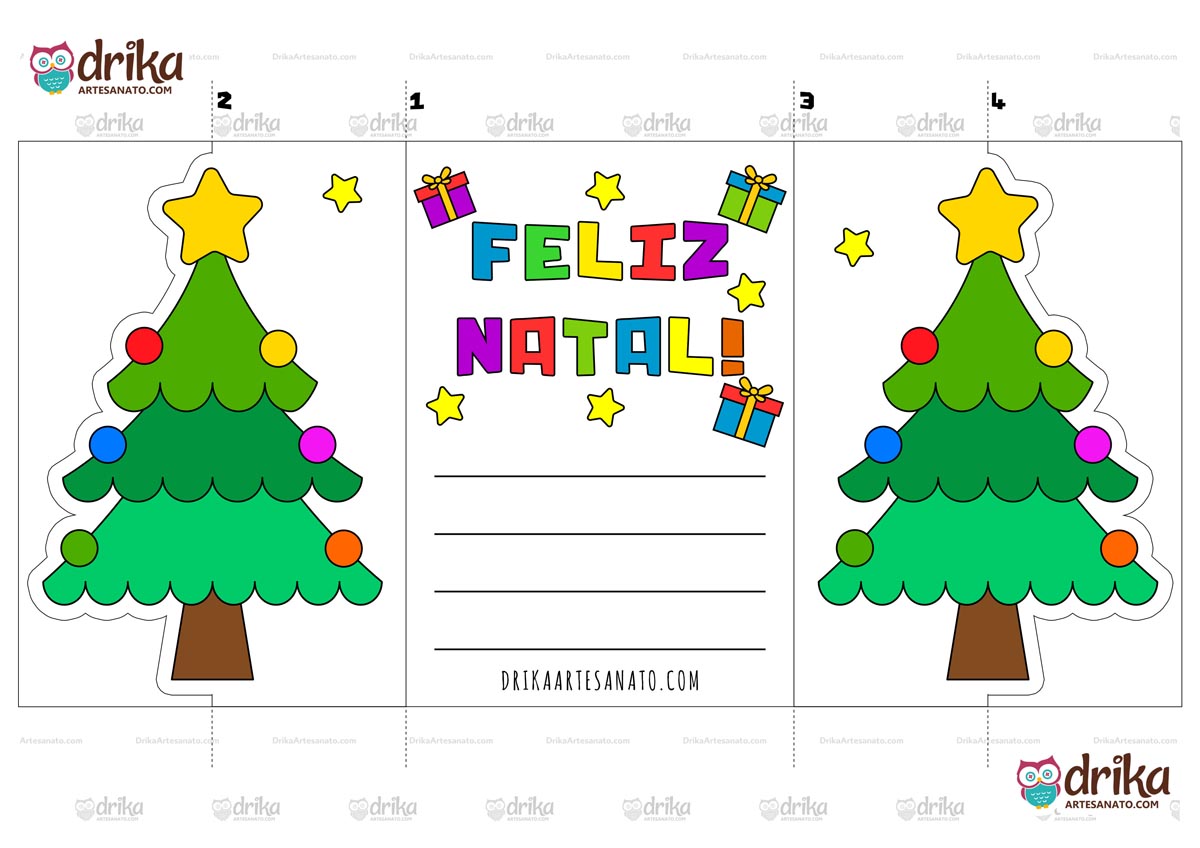 Cartão de Natal interativo colorido de árvore, com mensagem "Feliz Natal", estrelas, presentes e espaço para mensagem