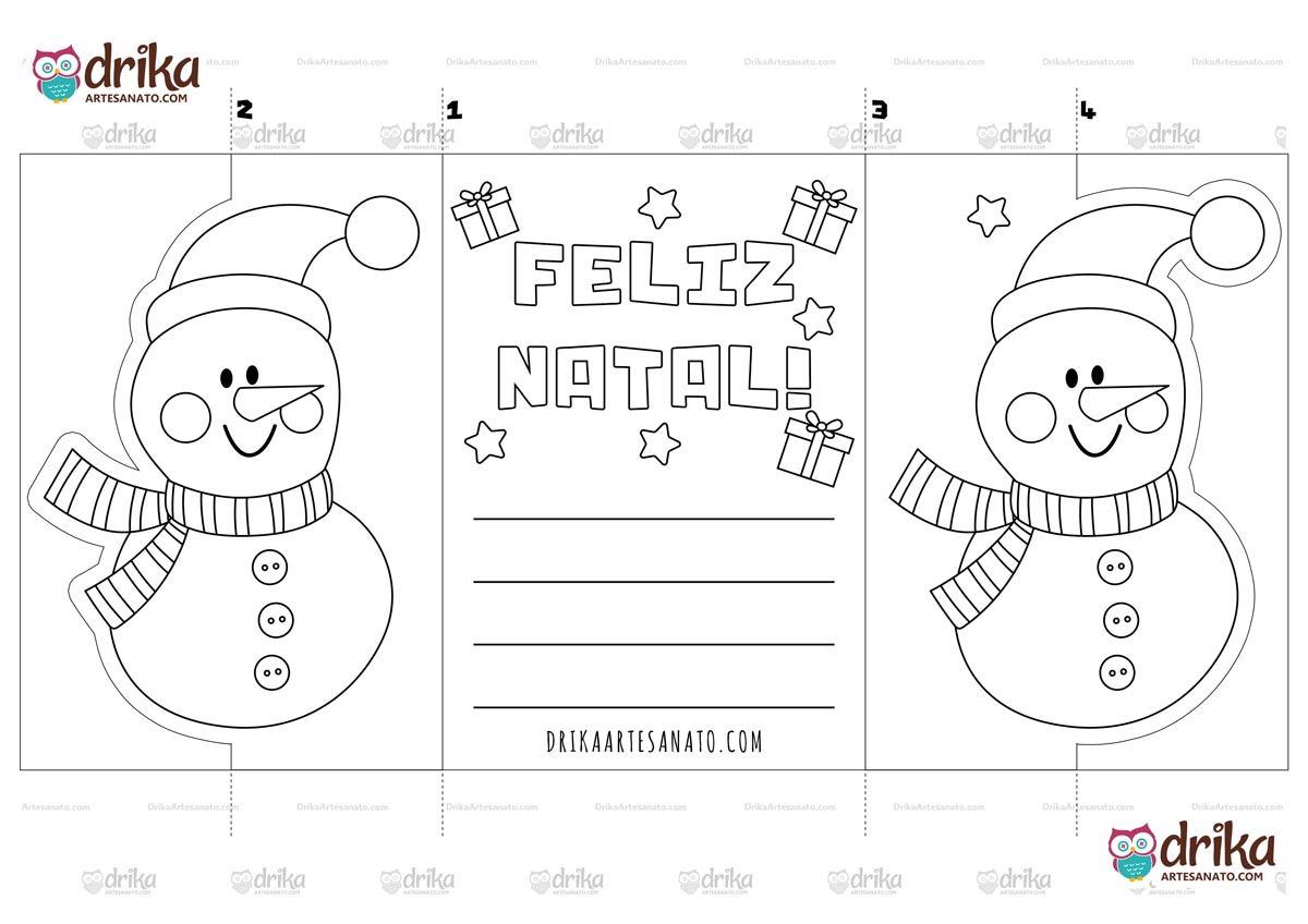 Molde para imprimir de cartão de Natal interativo com boneco de neve e mensagem "Feliz Natal"