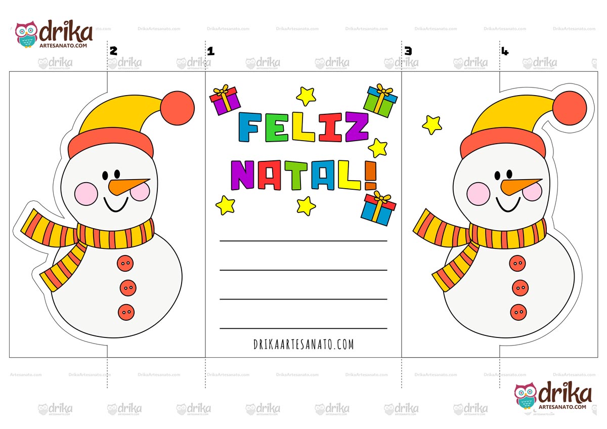 Cartão de Natal interativo colorido com boneco de neve, presentes e mensagem "Feliz Natal"
