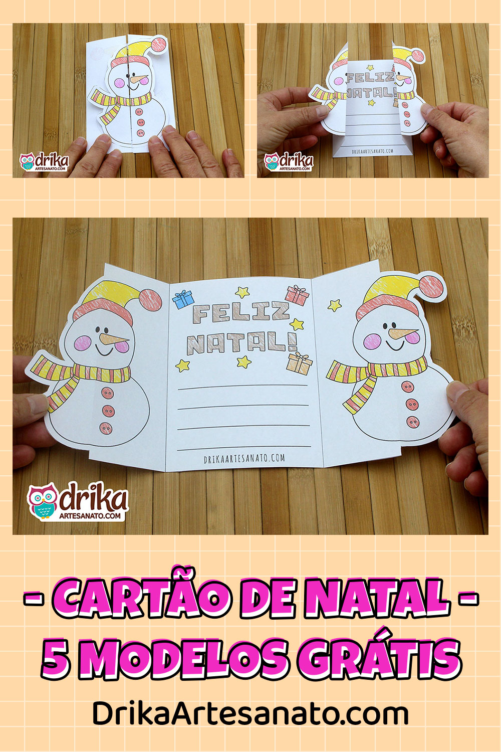 Cartão interativo de Natal aberto, com boneco de neve colorido e mensagem "Feliz Natal" decorada com presentes e estrelas.