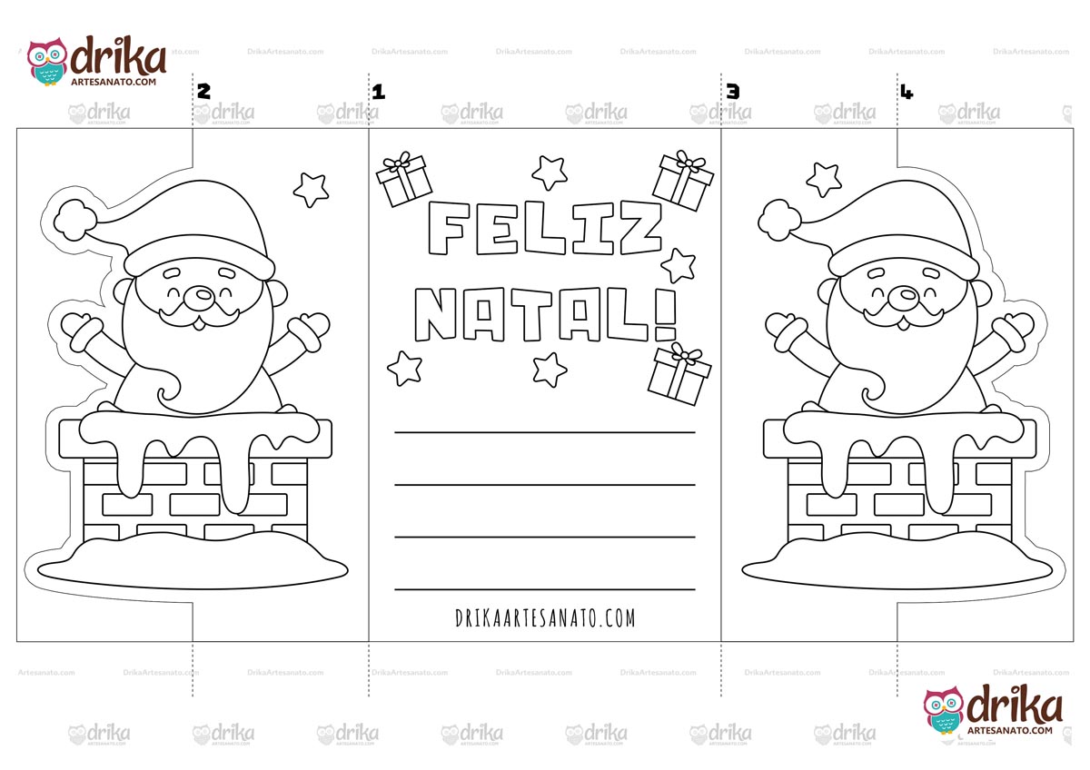 Modelo em preto e branco do cartão de Natal com Papai Noel na chaminé para colorir e personalizar