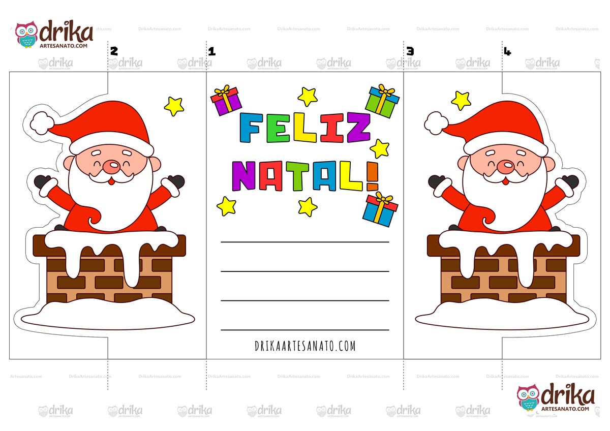 Cartão de Natal colorido com Papai Noel na chaminé, mensagem "Feliz Natal", estrelas e presentes, pronto para imprimir