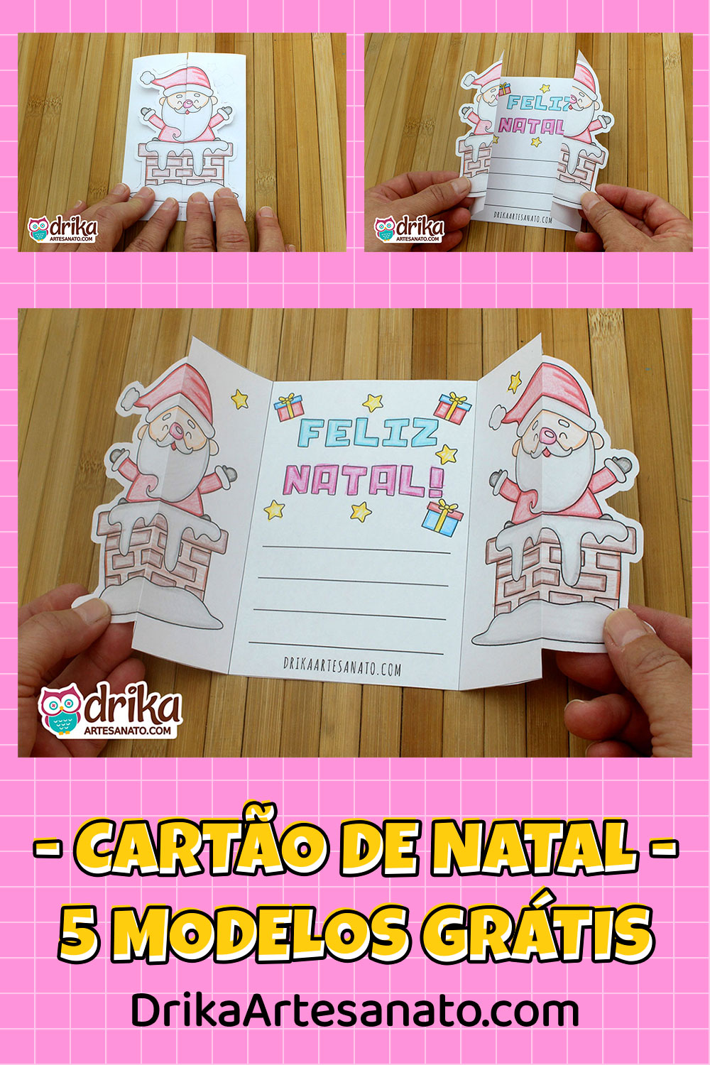 Mural com fotos mostrando o passo a passo do cartão de Natal Papai Noel na chaminé, com mensagem de Feliz Natal.