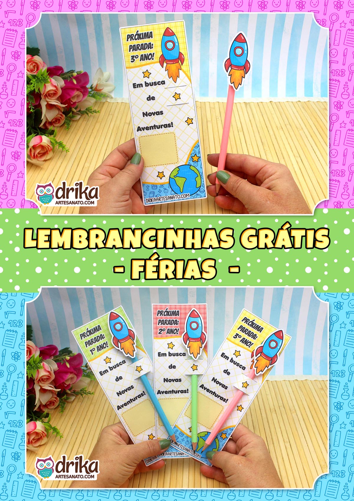 Mãos segurando cartão porta-lápis de foguete para o 3º ano com lápis rosa, com frase "Em busca de Novas Aventuras"