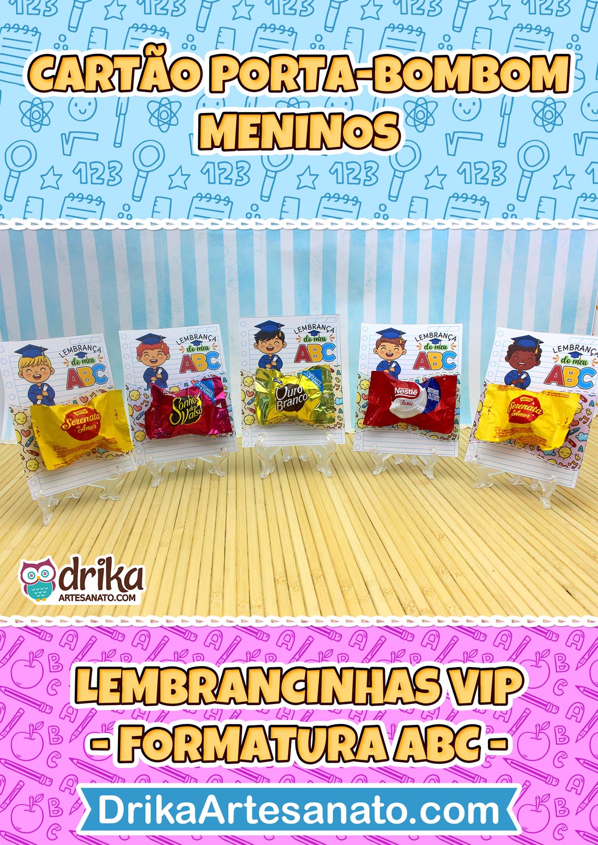 Cinco cartões porta-bombom de formatura ABC para meninos com bombons variados em suportes transparentes.