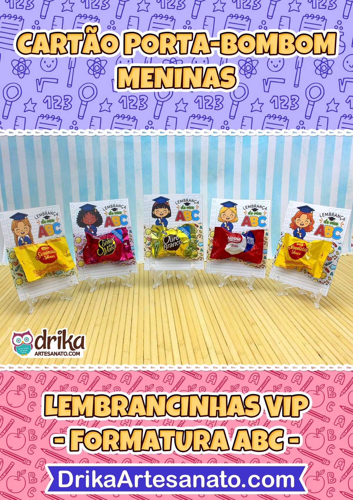 Cartões porta-bombom Formatura ABC com bombons, texto "Cartão Porta-Bombom Meninas" e "Lembrancinhas VIP - Formatura ABC".