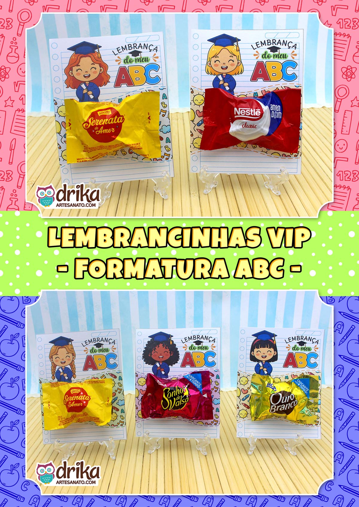 Close-up de cartões porta-bombom Formatura ABC com bombons, texto "Lembrancinhas VIP - Formatura ABC" e fundo com desenhos escolares.
