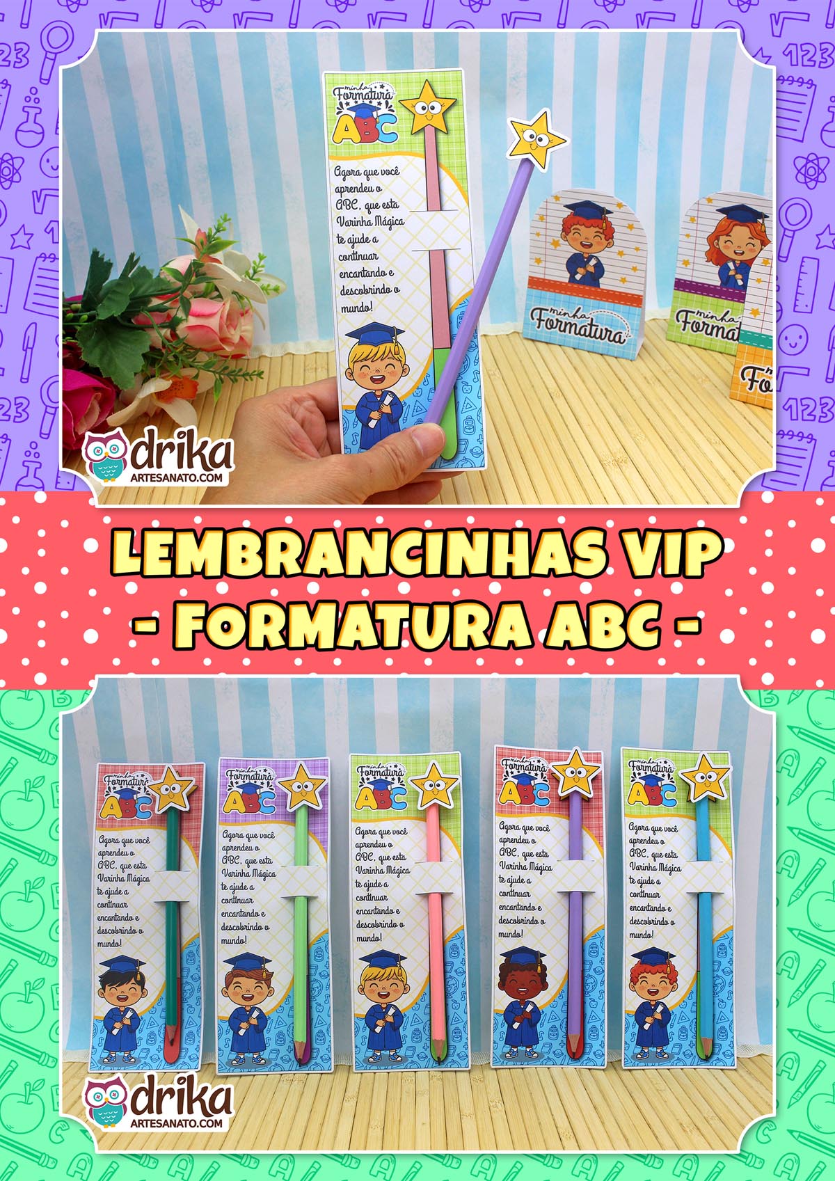 Mão segurando cartão porta-lápis Formatura ABC e texto "Lembrancinhas VIP - Formatura ABC".