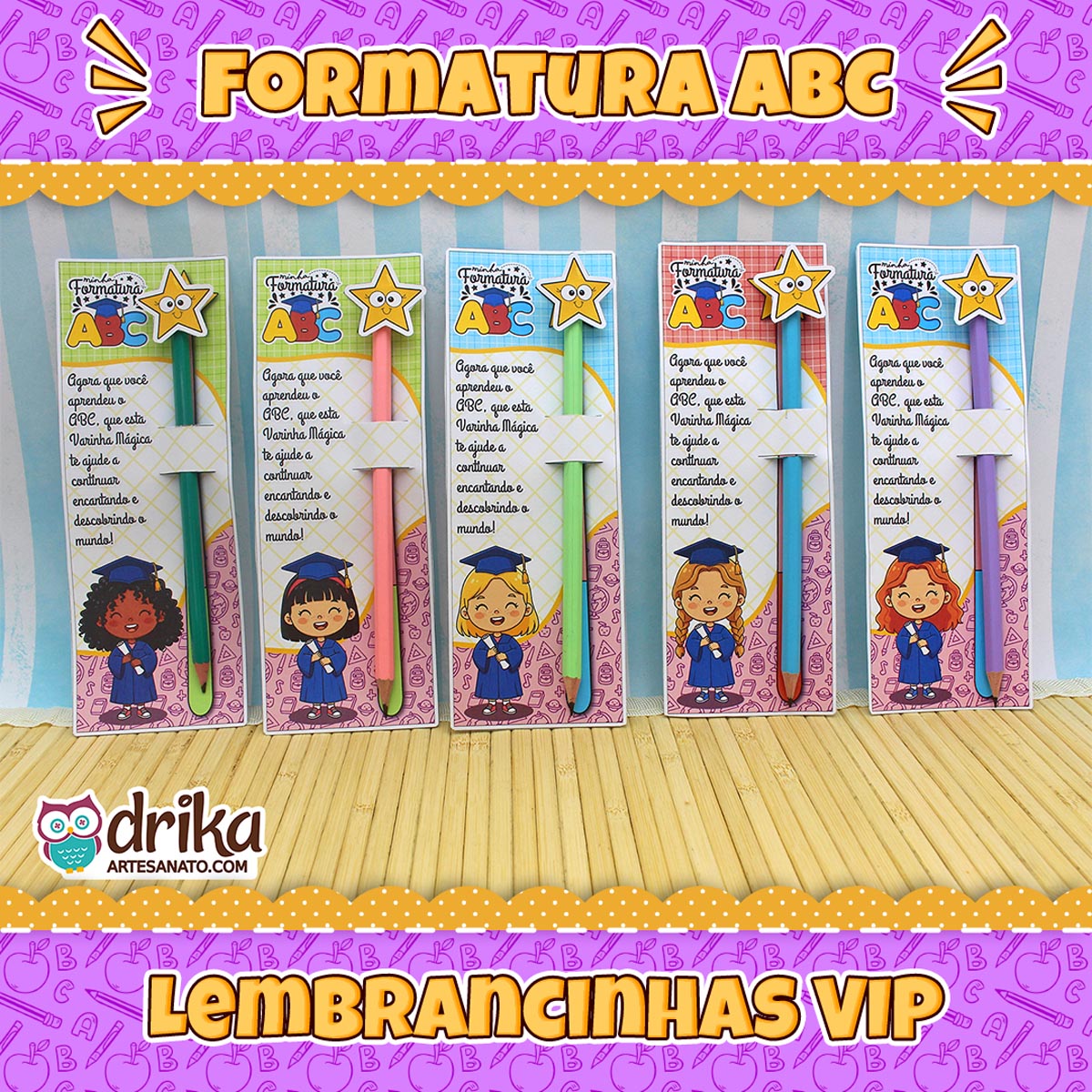 Cinco cartões porta-lápis Formatura ABC em fileira com fundo temático e texto "Lembrancinhas VIP".