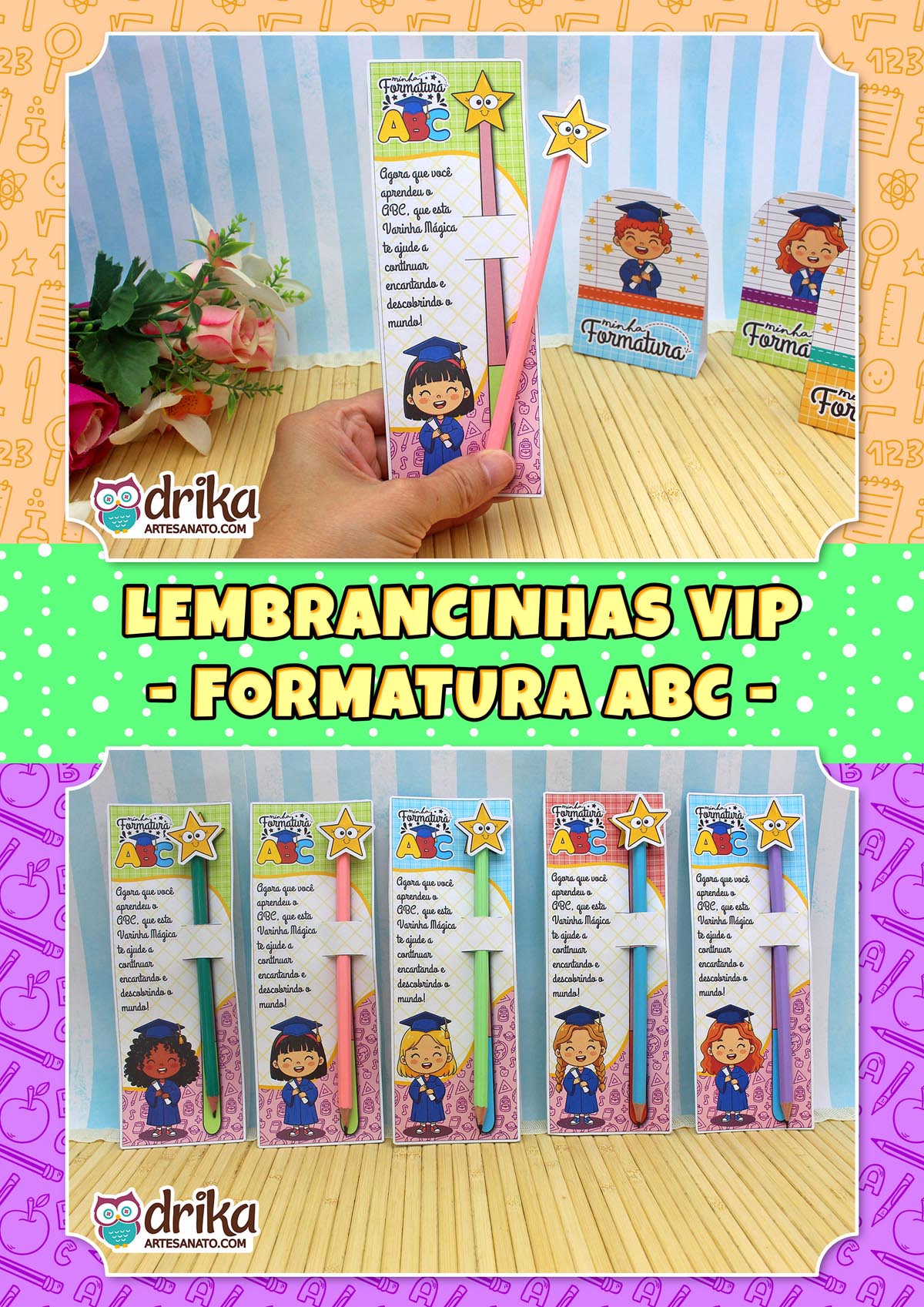 Mão segurando cartão porta-lápis Formatura ABC com fundo temático e texto "Lembrancinhas VIP".