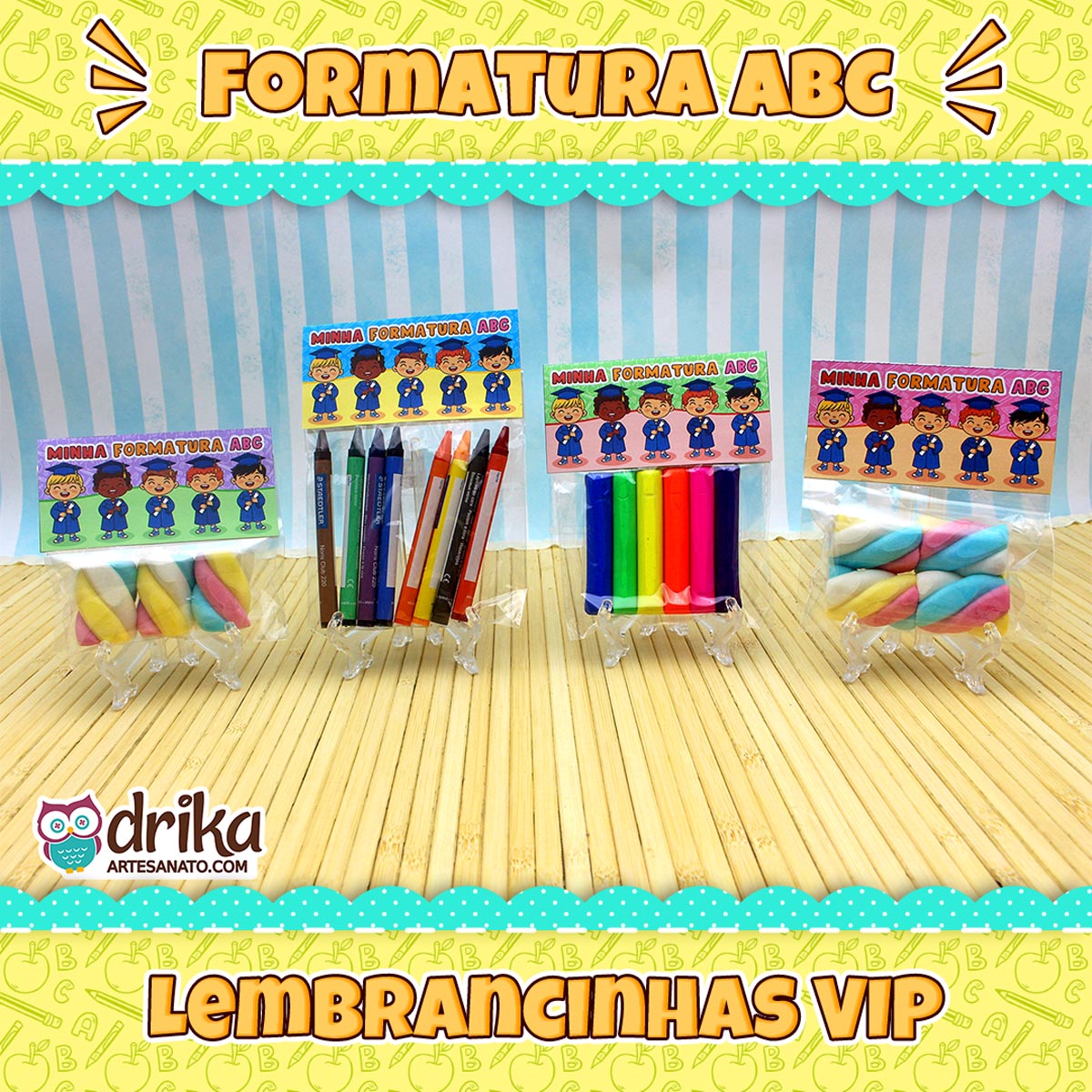 Lembrancinhas formatura ABC com lapelas diversas, giz, massinha e marshmallow, com texto "Formatura ABC Lembrancinhas VIP".