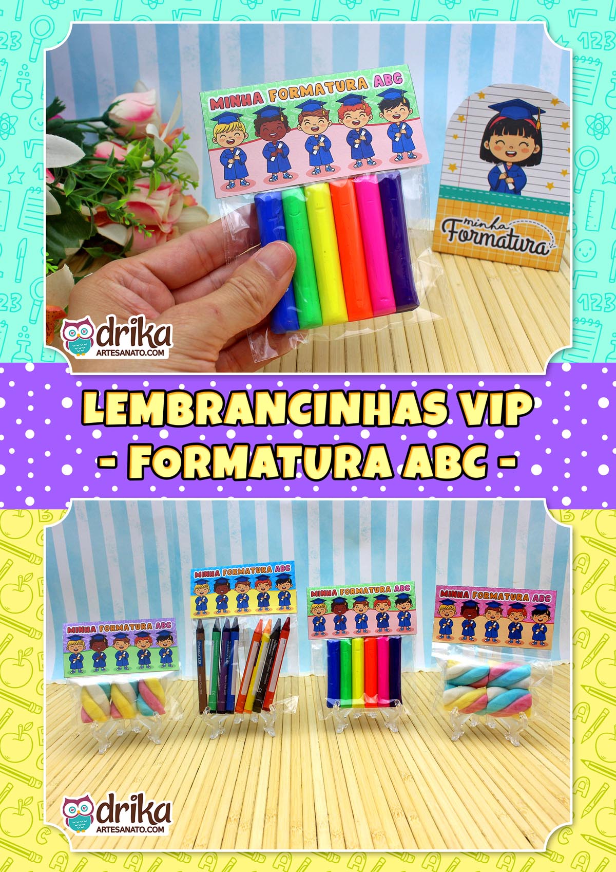 Mão segurando lembrancinha formatura ABC com massinha, texto "Lembrancinhas VIP - Formatura ABC".