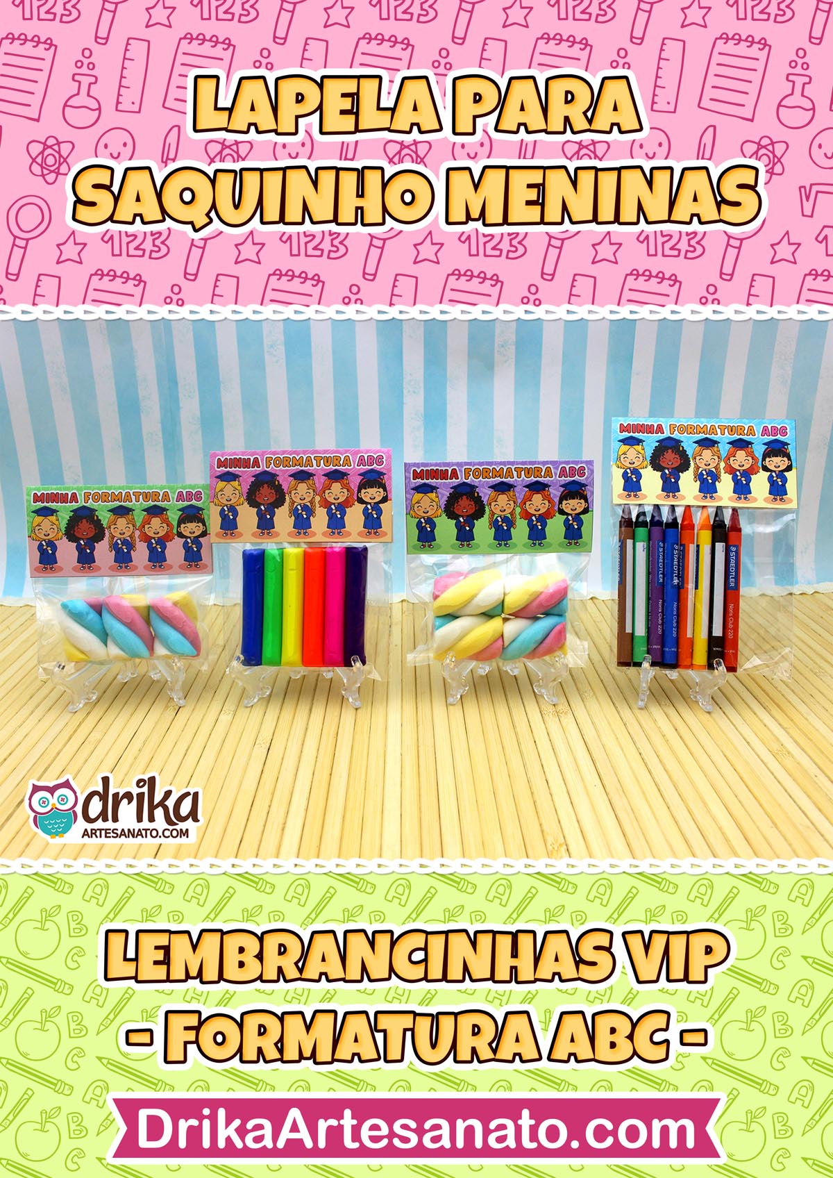 Lembrancinhas VIP de formatura ABC com lapelas, doces e lápis em fundo decorado com desenhos infantis.