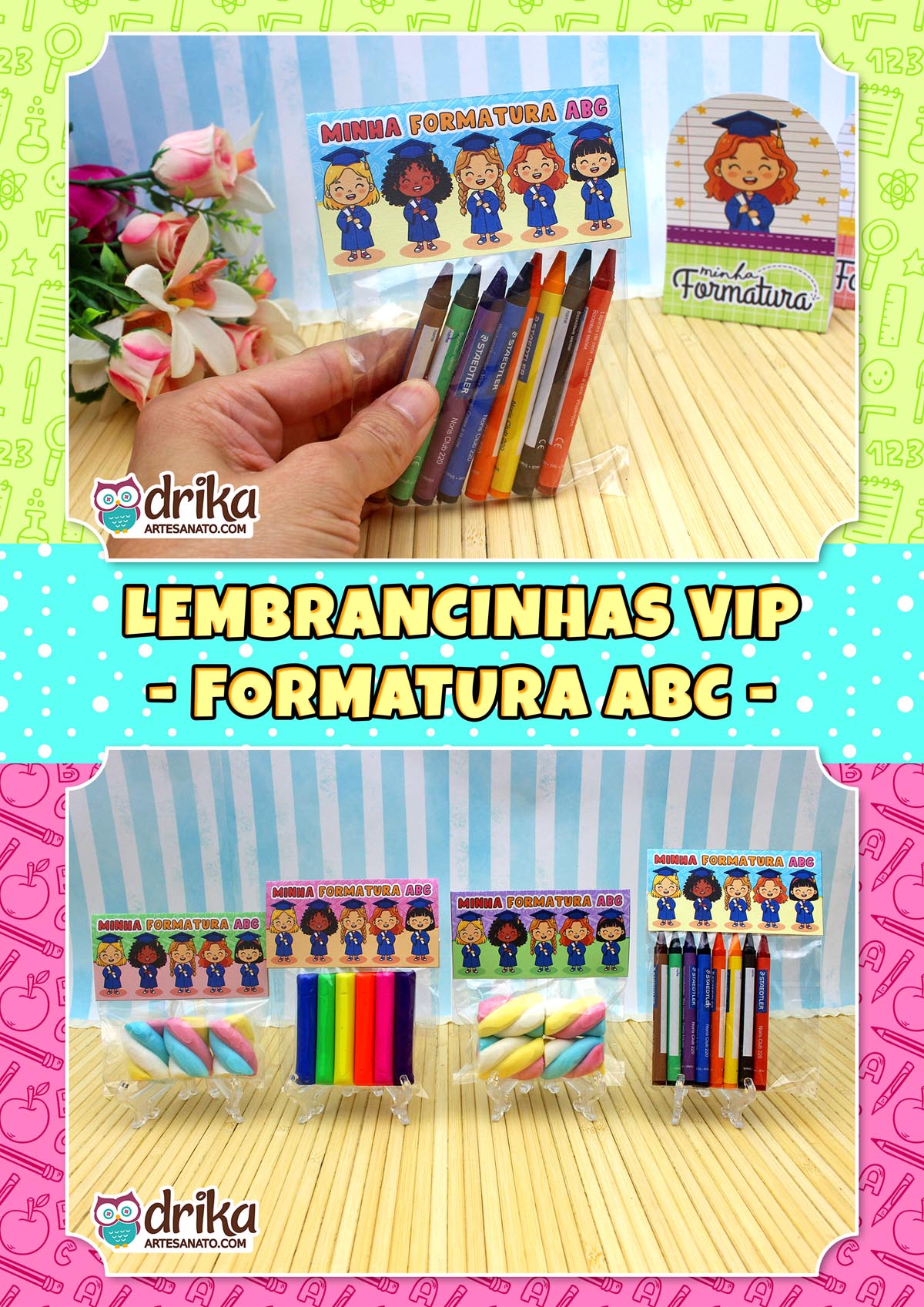 Mão segurando saquinho com giz de cera e lapela de formatura, com fundo decorado e texto "Lembrancinhas VIP".