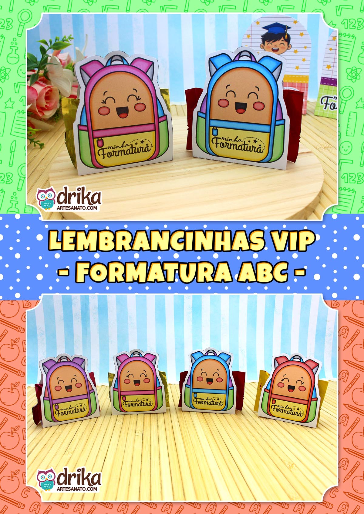 Duas mochilas porta-bombom de formatura ABC, rosa e azul, com rostinhos sorridentes em base de madeira clara