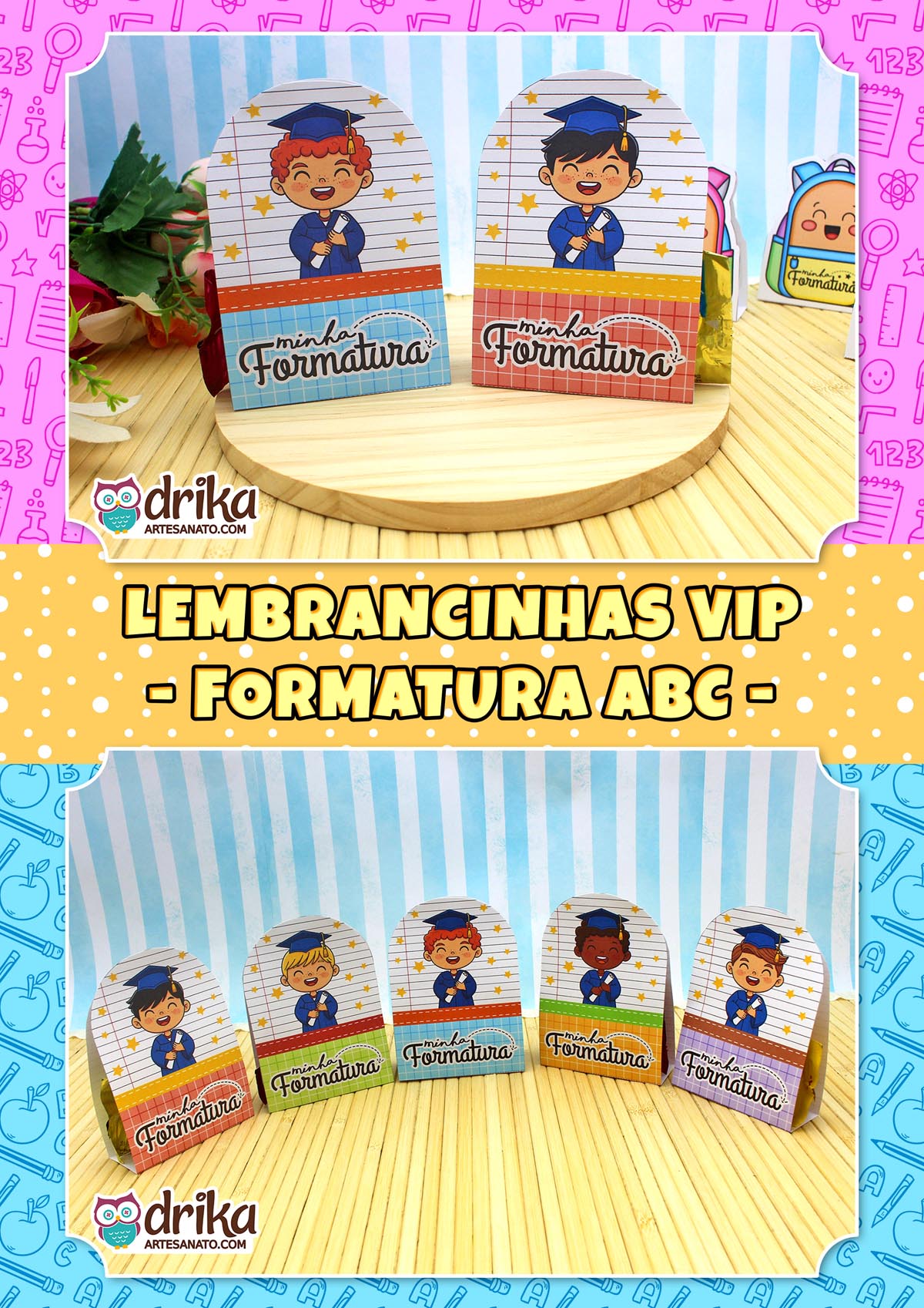 Montagem com porta-bombons de formatura ABC e texto "Lembrancinhas VIP - Formatura ABC" em fundo de bolinhas amarelas.