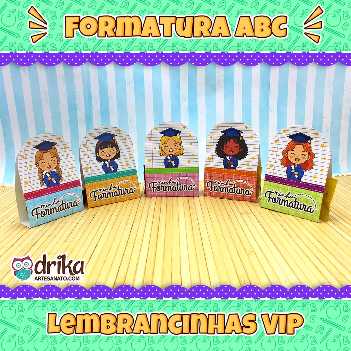 Porta-bombons formatura ABC meninas cute em mesa de bambu, com texto "Lembrancinhas VIP Formatura ABC".