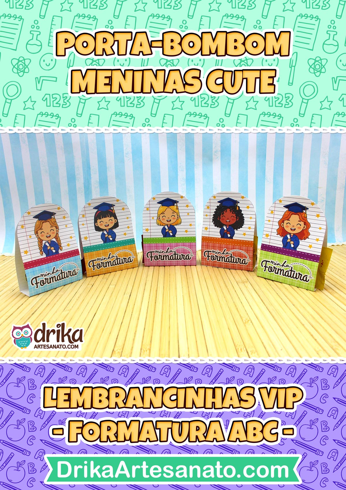 Porta-bombons formatura ABC meninas cute em mesa de bambu, com texto "Porta-bombom Meninas Cute".